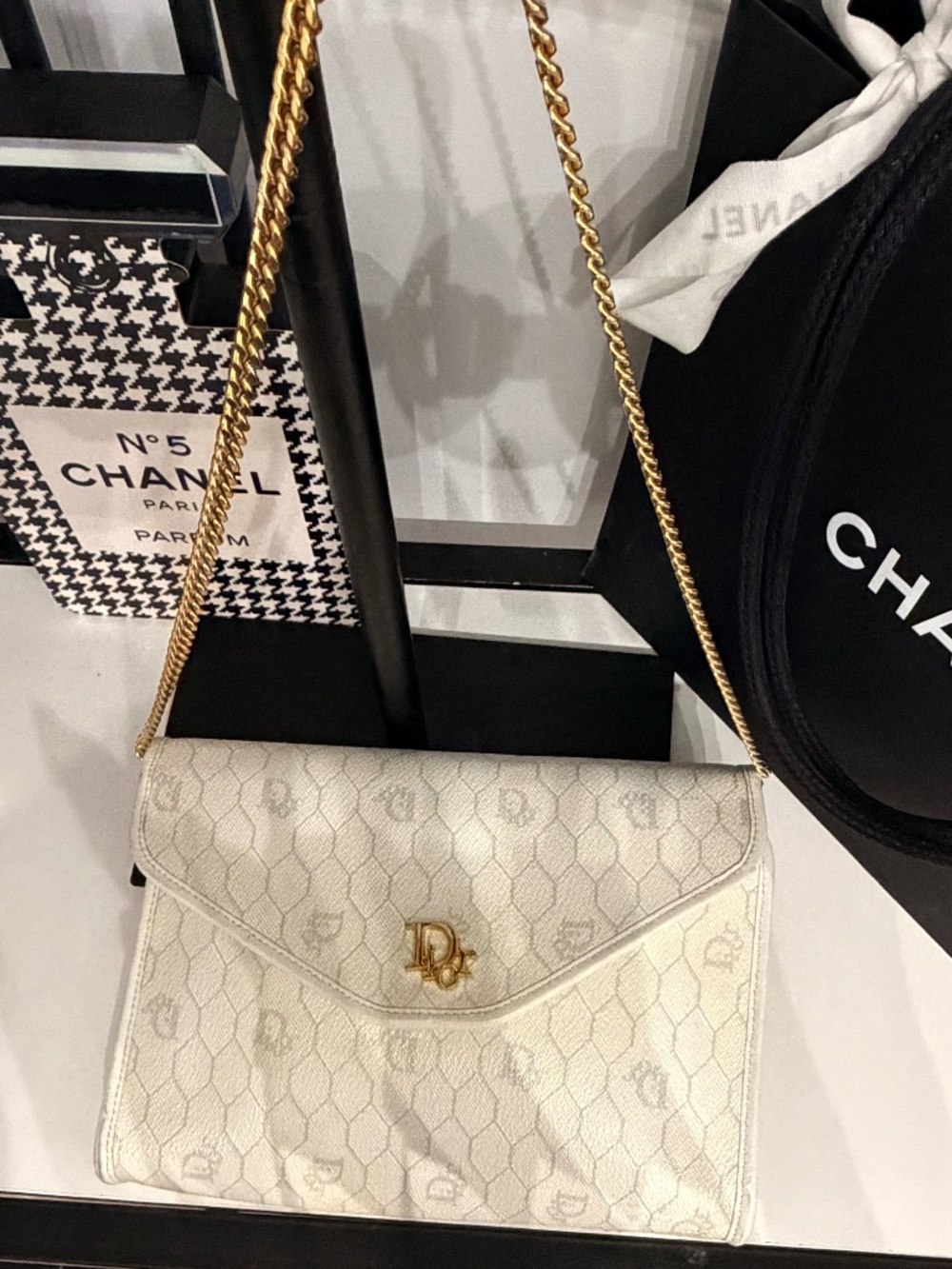 Vintage Christian Dior White Monogram Chain Shoulder Bag Gold Hardware